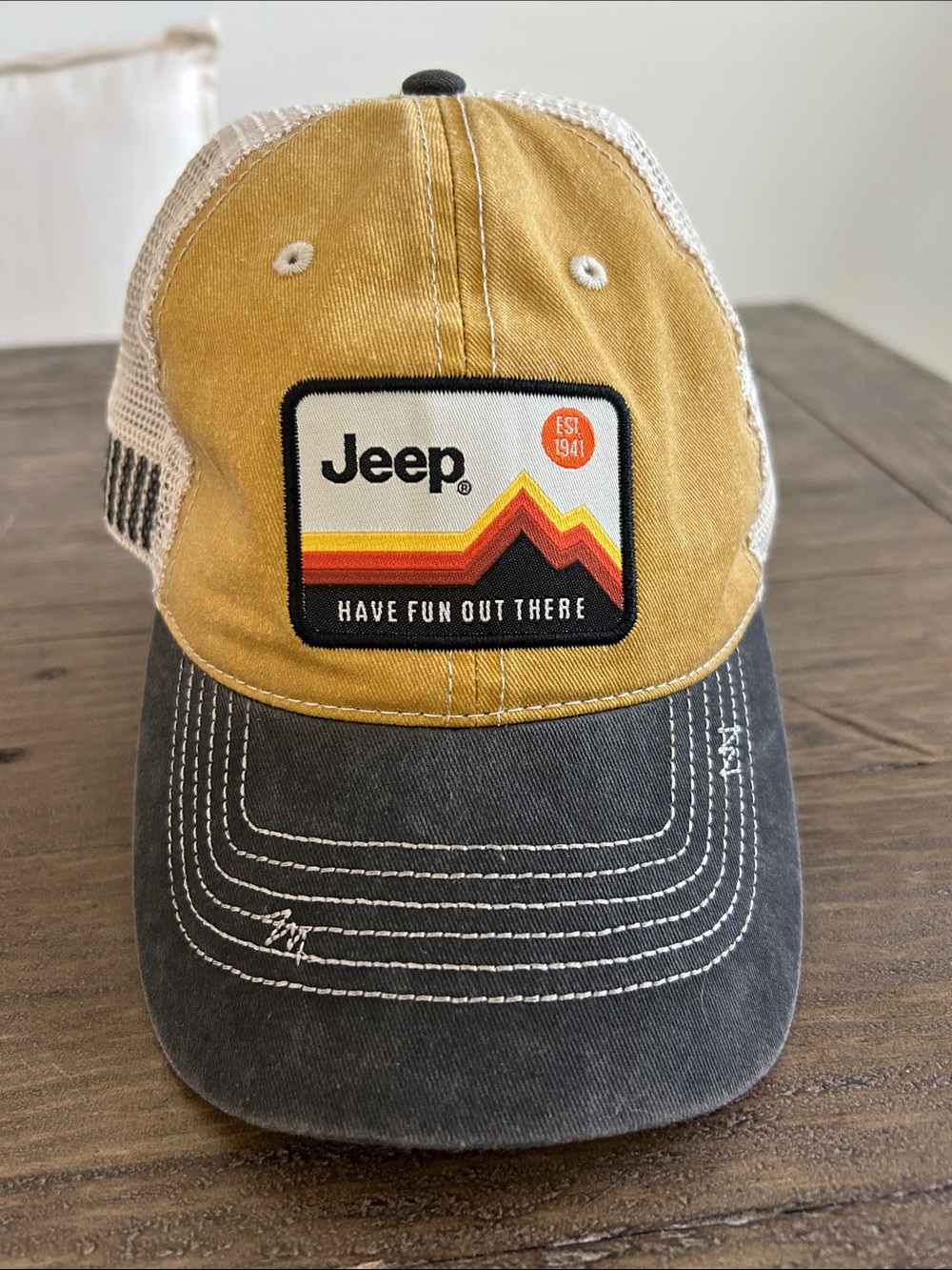 Jeep Women’s Two-Tone Trucker Hat in Mustard and Charcoal with Retro Patch